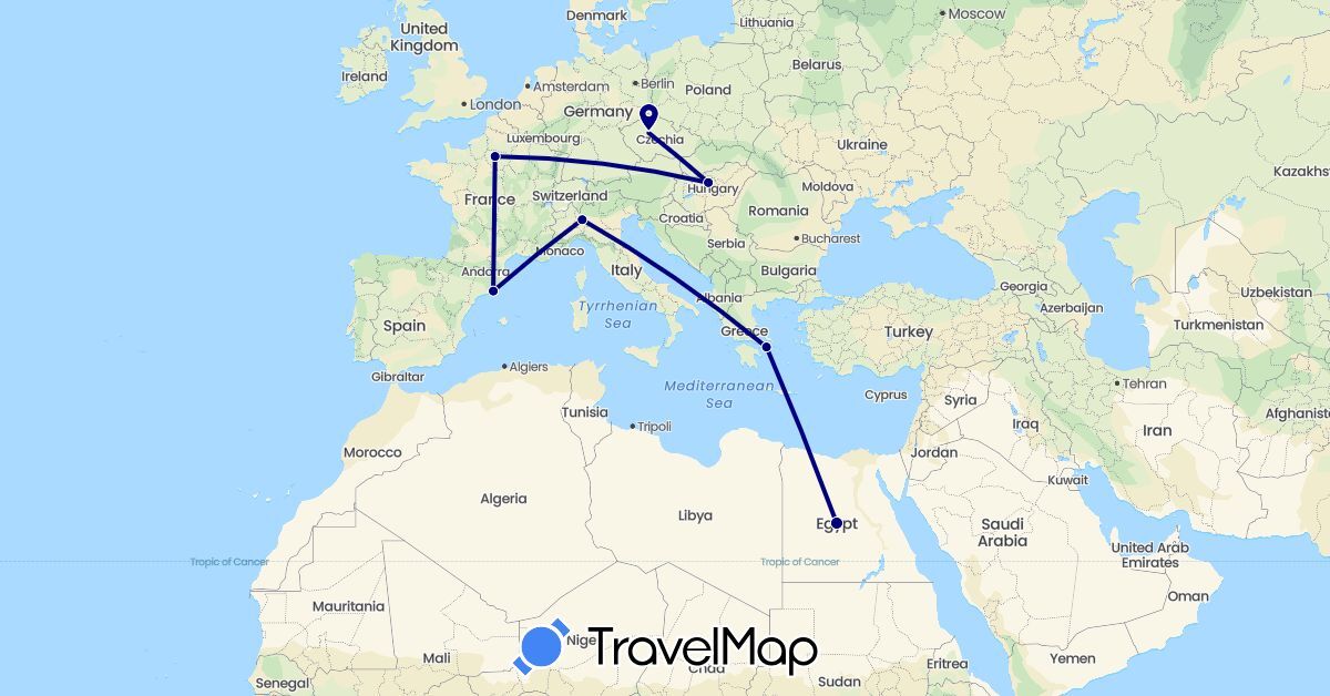 TravelMap itinerary: driving in Czech Republic, Egypt, Spain, France, Greece, Hungary, Italy (Africa, Europe)